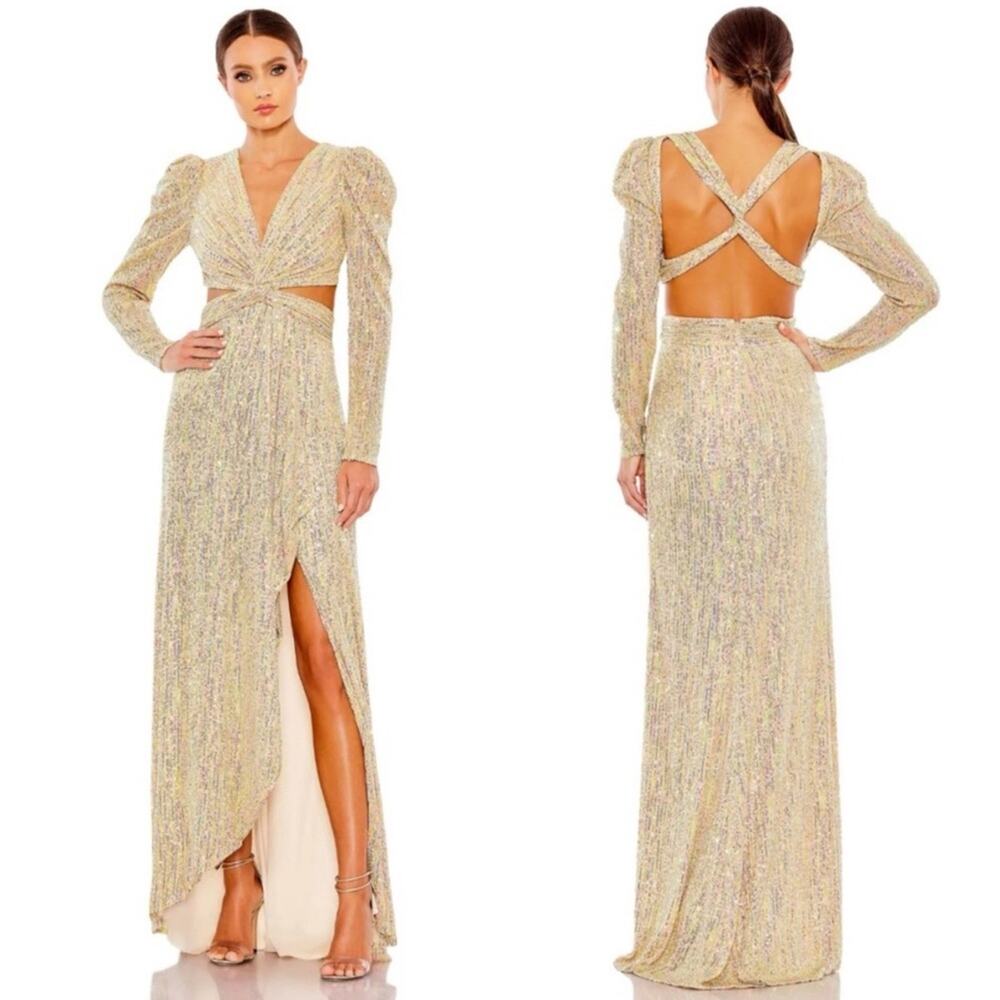 Mac Duggal #27050 Metallic Puff Sleeve Front‎ Twist Gown Gold 4